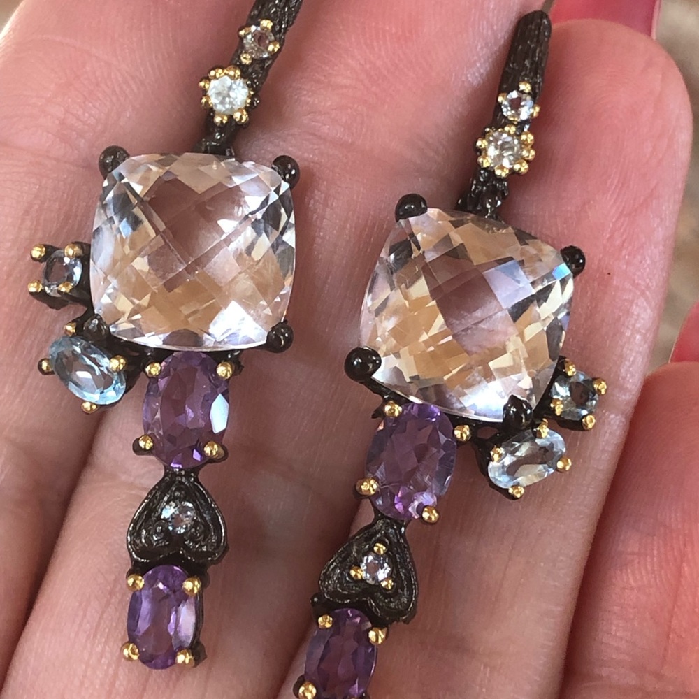 Unique Genuine Quartz Amethyst Topaz Earrings - Picture 3 of 9